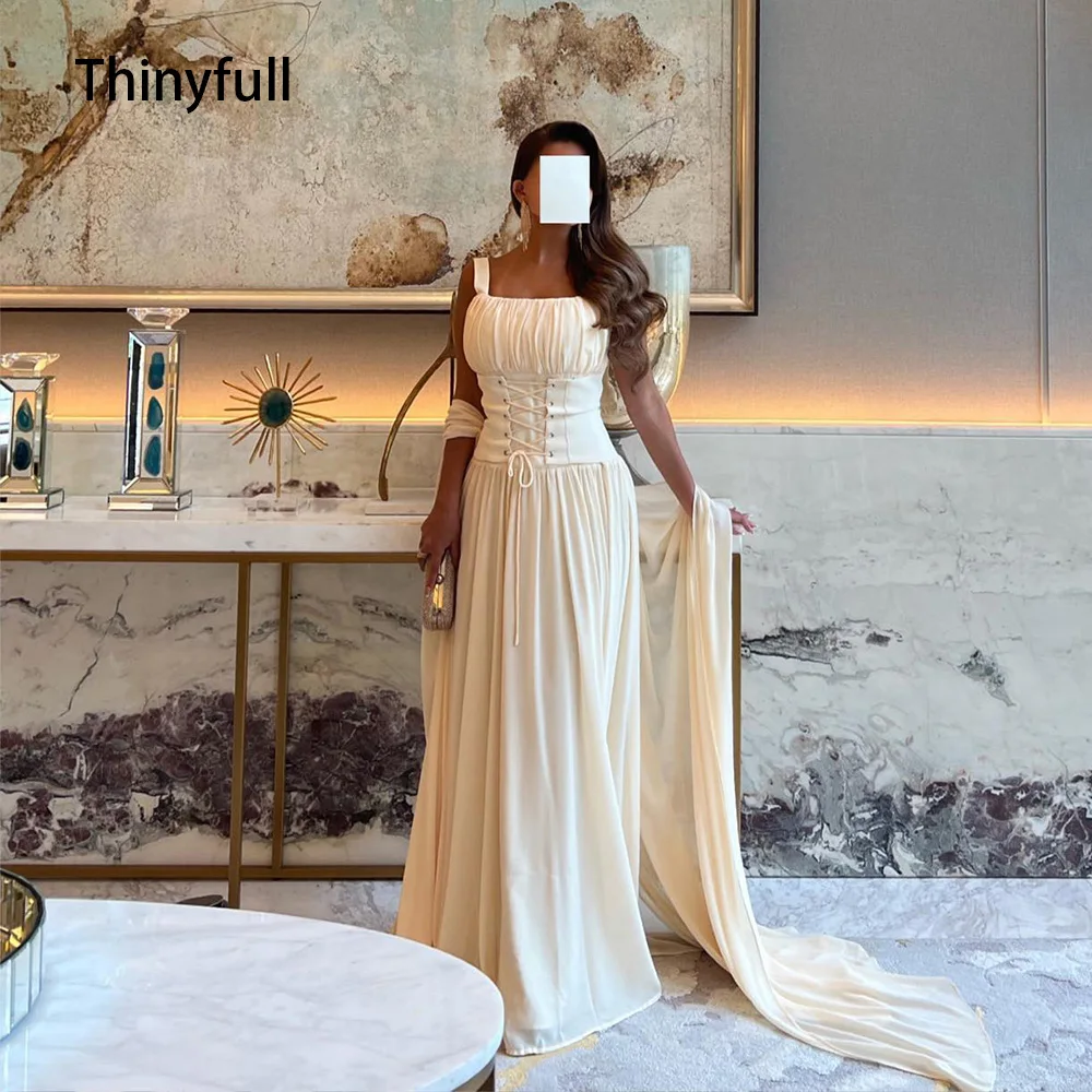 

Thinyfull Saudi Arabia A Line Evening Party Dress with Cape Lace Up Chiffon Prom Gowns Formal Dress Dubai Beach Events Dress