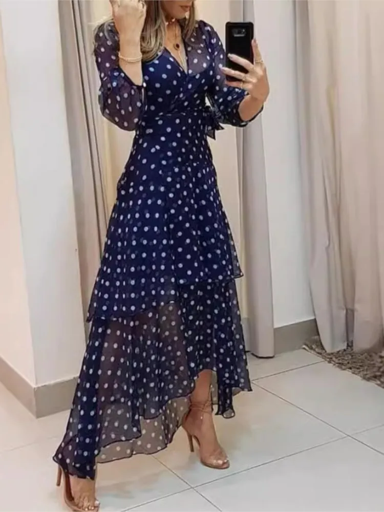 

Women Elegant Long Dress Summer Fresh And Sweet Fashionable Wave Point Printed Dresses Irregular Ladies V-Neck Long Skirt