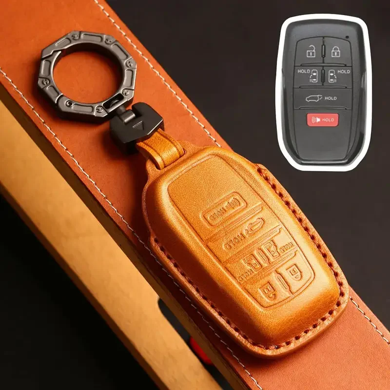 1pc 5 6 Buttons Handmade Leather Car Key Fob Case Cover For Toyota SIENNA 2021 2022 KEYCHAIN Car Accessories