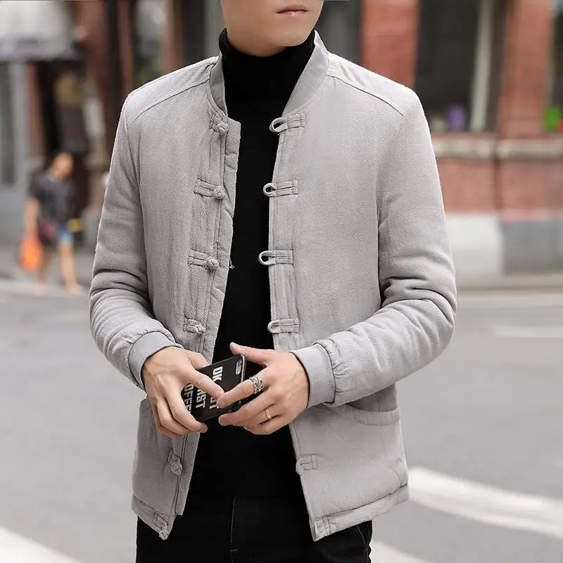 

Мужская традиционная китайская куртка, хлопковое льняное пальто в стиле ретро в азиатском стиле с пуговицами в виде лягушки, зимняя верхняя одежда для кунг-фу на плюшевой подкладке 5XL