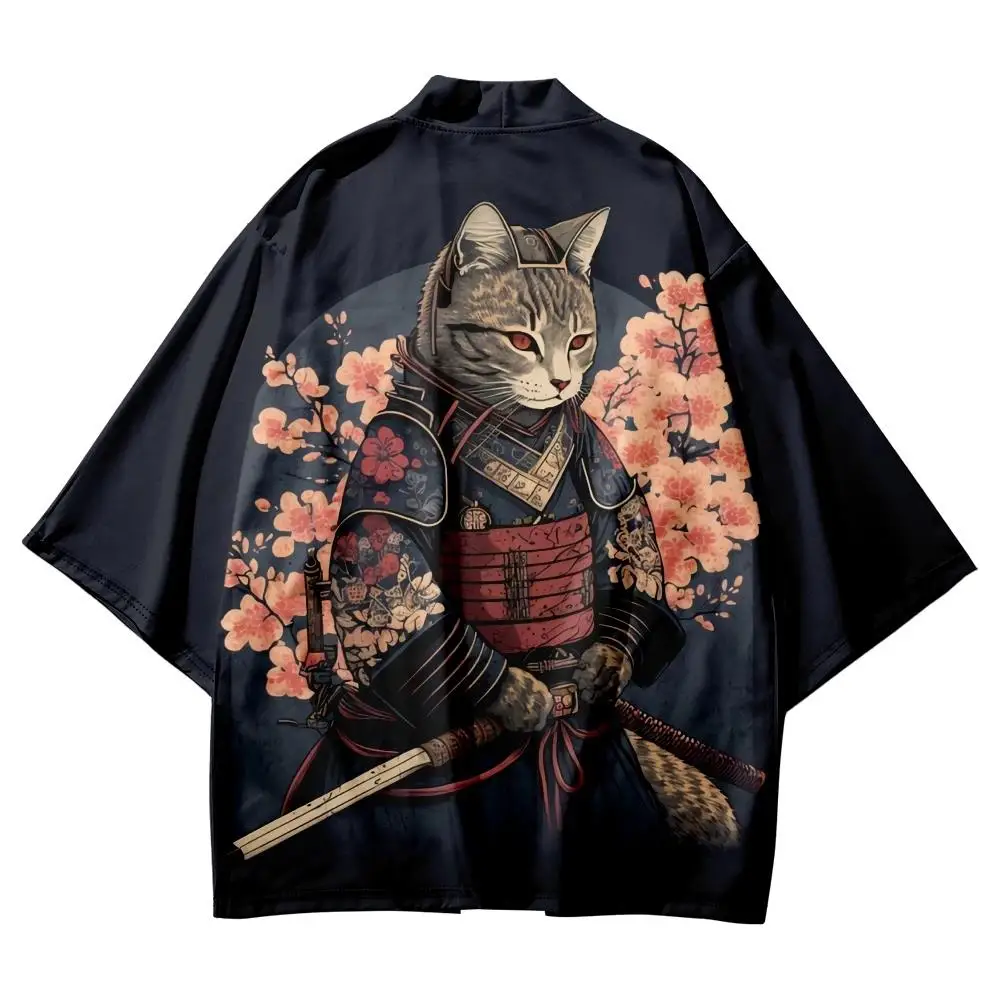 Japanese Cat Samurai Haori Kimono Cardigan Men Women Ukiyo-e Style Anime Cosplay Kimono Open Front Streetwear Harajuku Coat