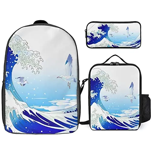 Estilo japonês onda ukiyo-e conjunto de bolsa escolar com lancheira caso lápis para meninos meninas adolescentes mochila diária leve saco de viagem