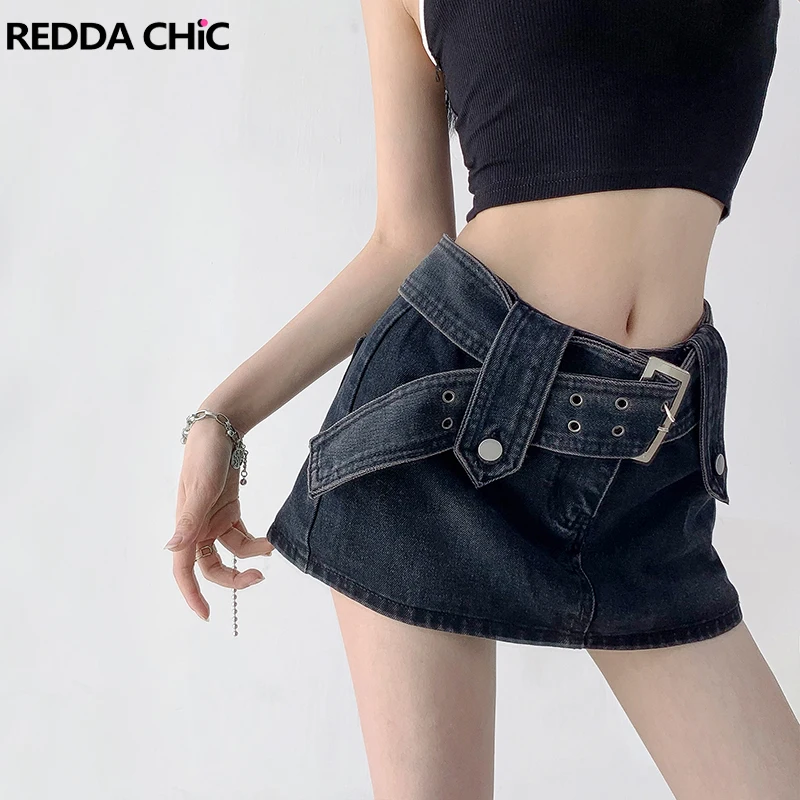 

REDDACHiC Denim Belted Mini Skirt with Liner Shorts Y2k Retro Gray Low Rise Bodycon Jean Skirt Summer Women Alt Punk Streetwear
