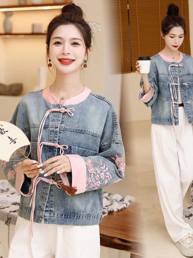 New Chinese Style Denim Jacket Trendy Spring Autumn Women's Clothing Unique Sample Garment Tagkita Brand Commute Style Loose Fit