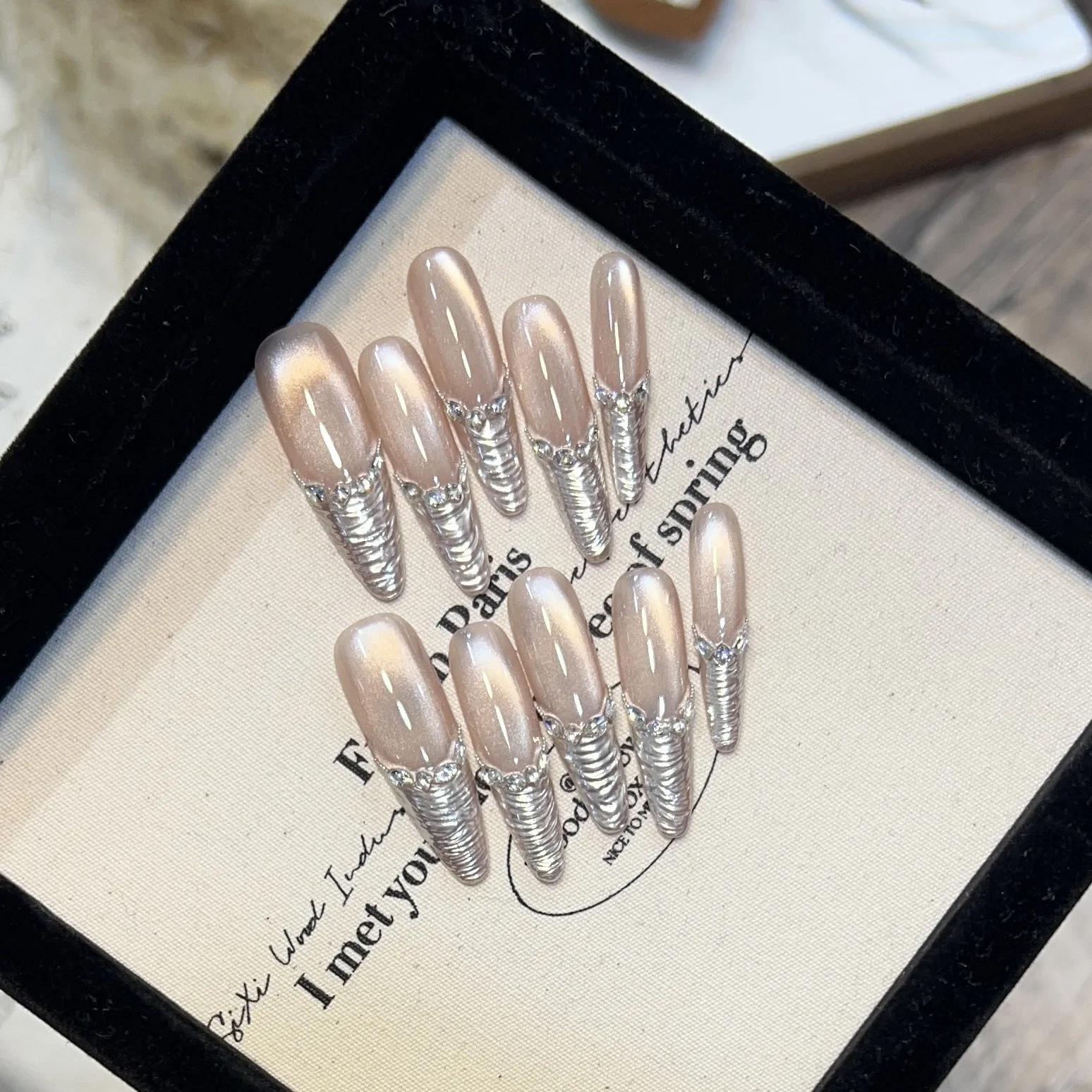 

10 шт., крутые накладные ногти ручной работы в стиле панк, длинные овальные металлические французские накладные ногти, носимые, с полным покрытием, блестящие накладные ногти «кошачий глаз»