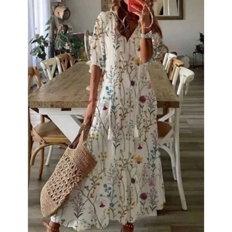 Vestidos largos bohemios con estampado elegante y cuello en V para mujer, vestido de fiesta con bolsillo para verano y primavera, Vestidos con volantes y media manga acampanada para otoño 2025