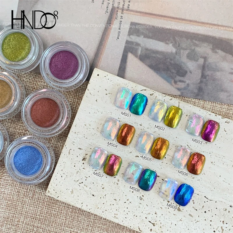 HNDO 9 Color Aurora Chrome Powder Metallic Mirror Effect for Gel Polish Nail Art Decoration Design Color Shift Pigment Dust