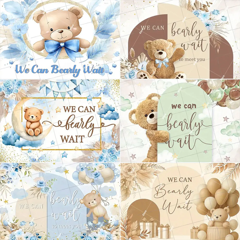 

We Can Bearly Wait Teddy Bear Baby Shower Kids Birthday Party Hot Air Balloon Flowers Photography Background Customized Poster