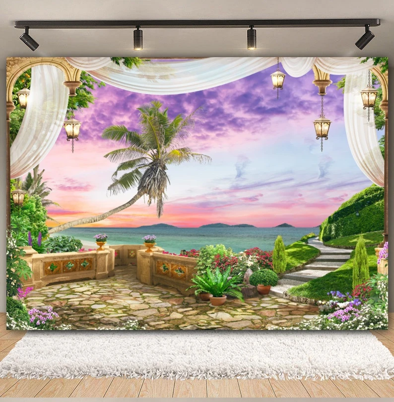 Tropical Ocean Beach Backdrop for Photography Summer Seaside Hawaiian Palm Tree Curtain Birthday Holiday Travel Party Background