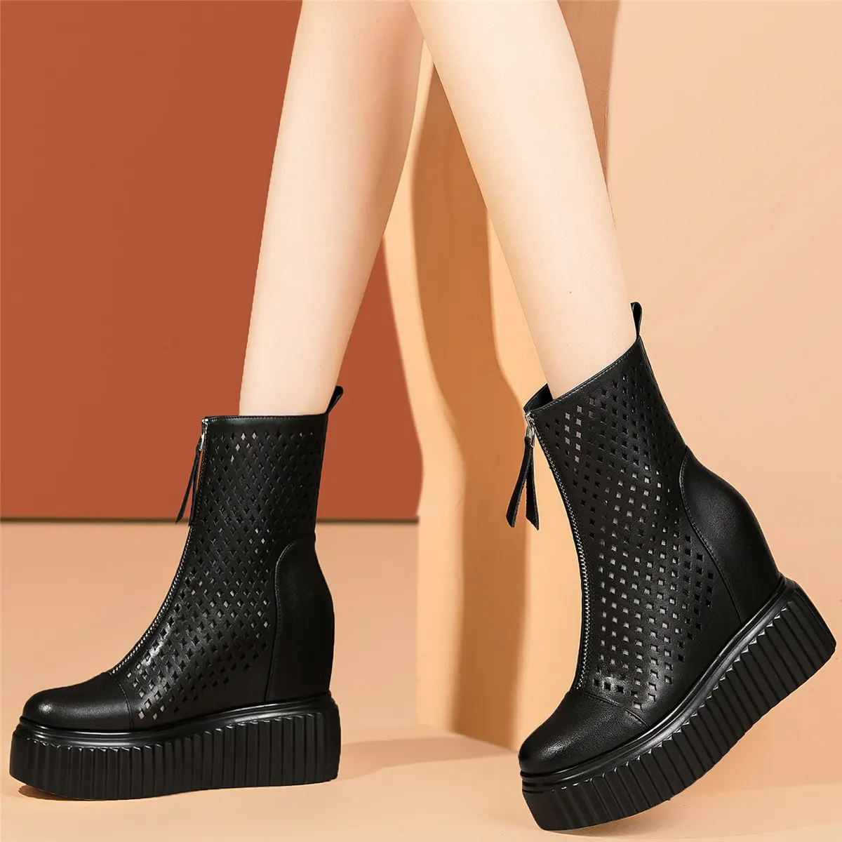 

Height Increasing Platform Shoe Women Genuine Leather Round Toe Summer Ankle Boots Wedge High Heel Sandals Punk Goth Military