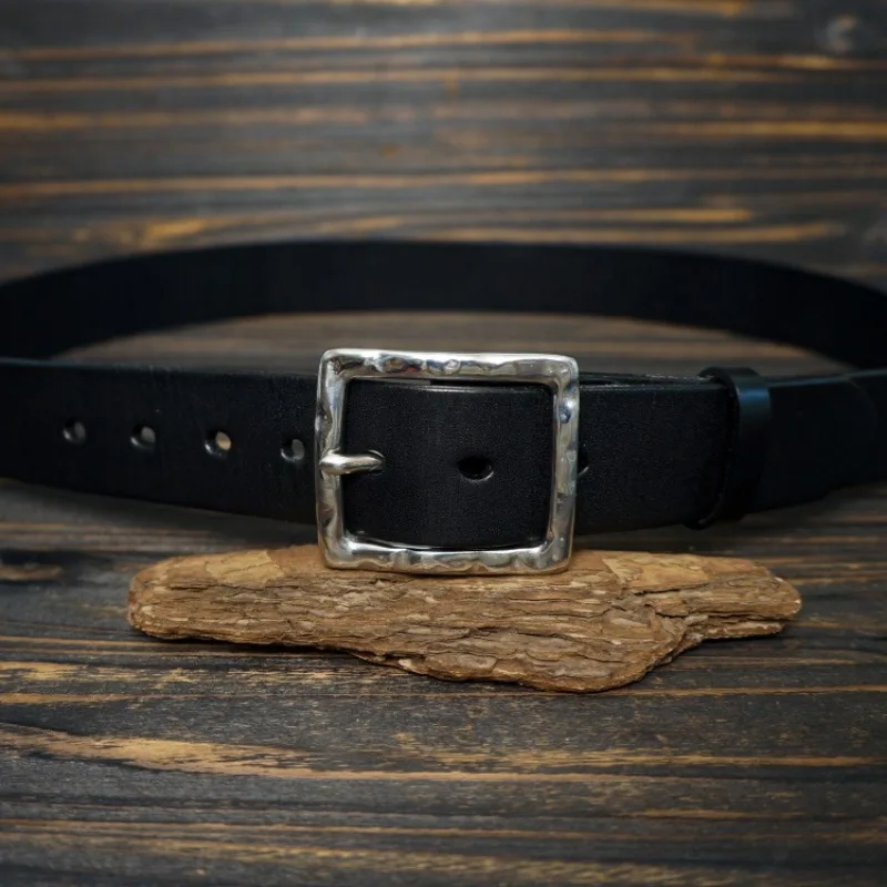 メンズレトロブラック本革ベルト、ステンレススチールシルバーバックル牛革パーソナライズされたトレンディな男性カジュアルフォーマルパンツベルト