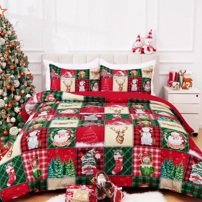 3-piece Christmas Queen set, soft red and green buffalo patterned bedding, 1 duvet cover and 2 pillowcases