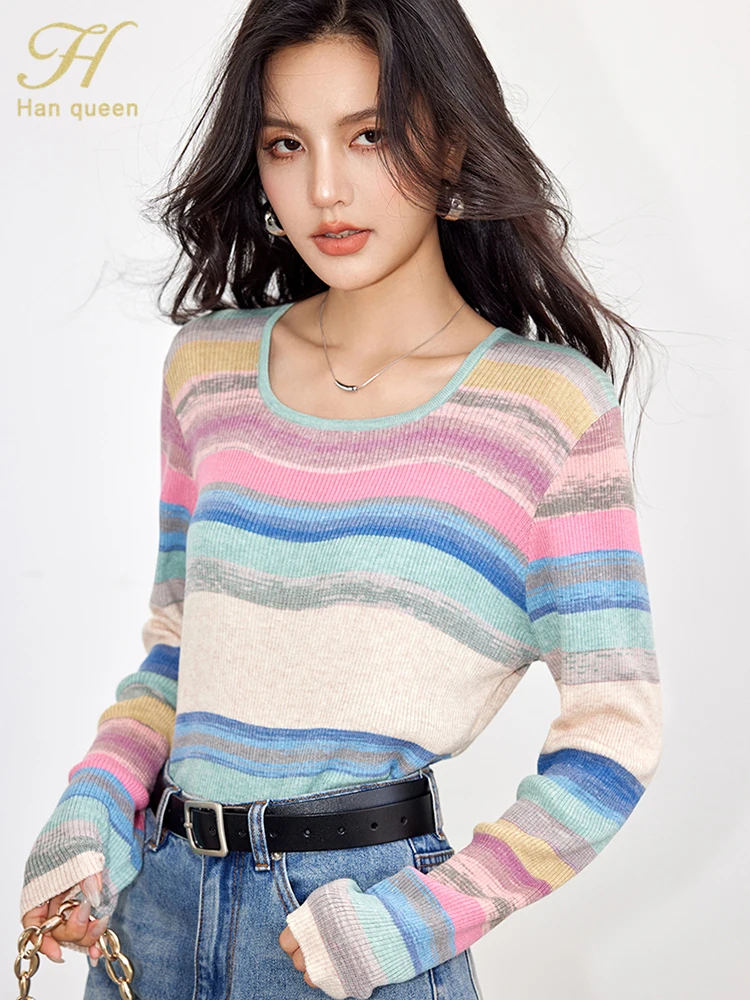 H Han Queen 2024 Autumn Korean Striped Knit Pullover T-Shirts Crop Top Vintage Casual Work Wear Office Fashion Women\'s Clothing