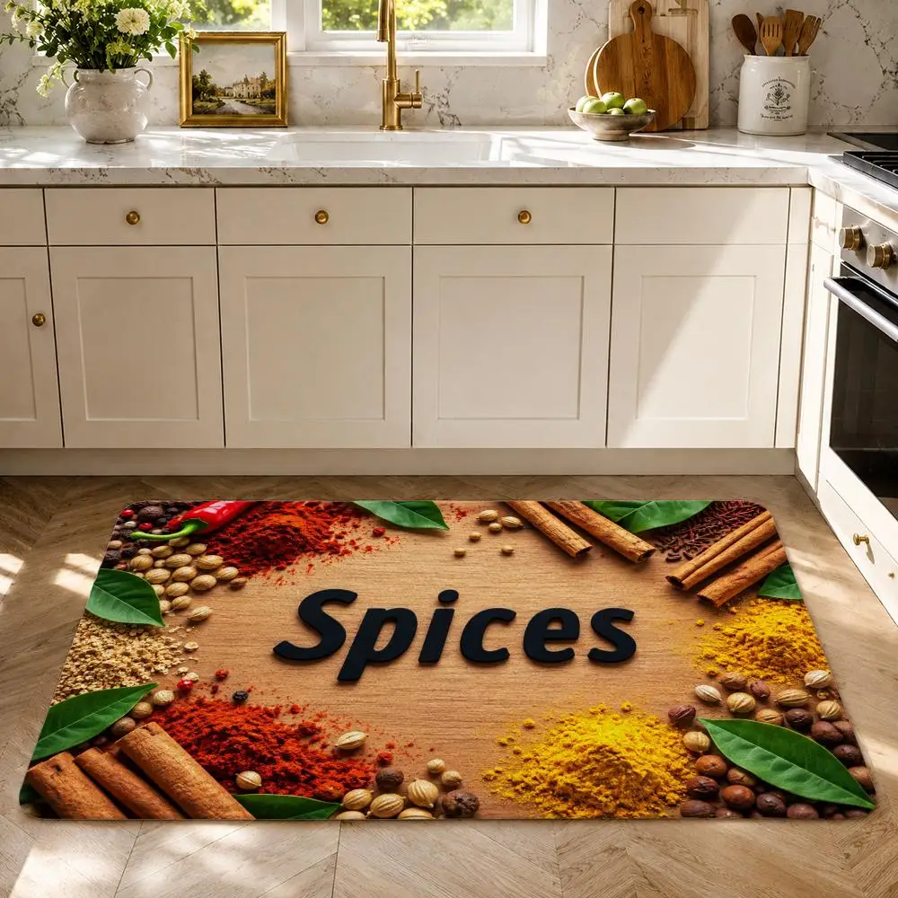 Mixed Spices On Wood Board Floor Mat Flannel Rug Soft Non Slip Washable Door Mat For Bathroom Kitchen Home Decor