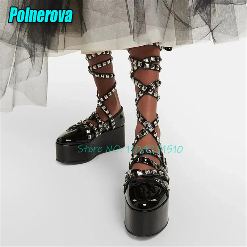 

Punk Rivet Ankle Strap Mary Jane Shoes Black Red Patent Leather Thick Soled Pumps Round Toe Platform High Heel Ballet Shoes