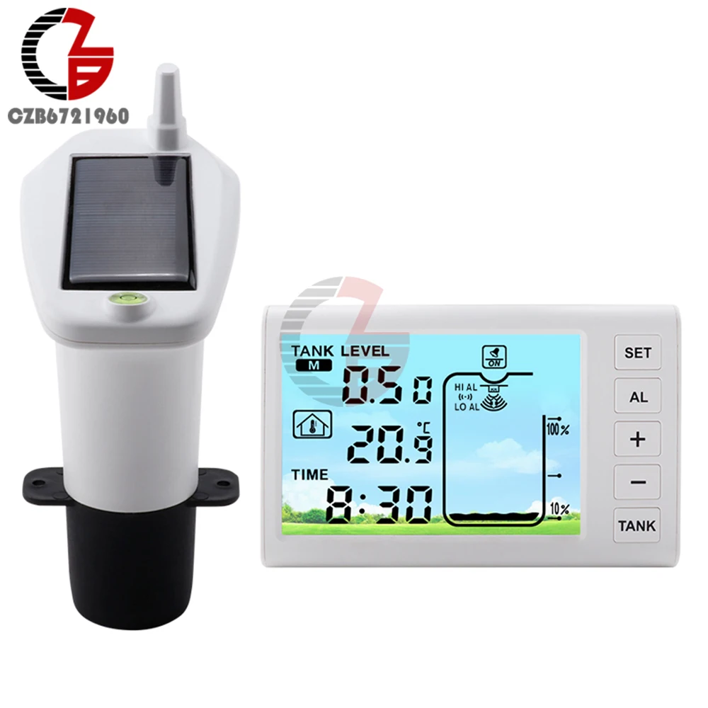 Wireless Solar Ultrasonic Water Level Indicator Gauge Water Tank Sensor Liquid Level Meter Temperature Sensor Alarm Clock