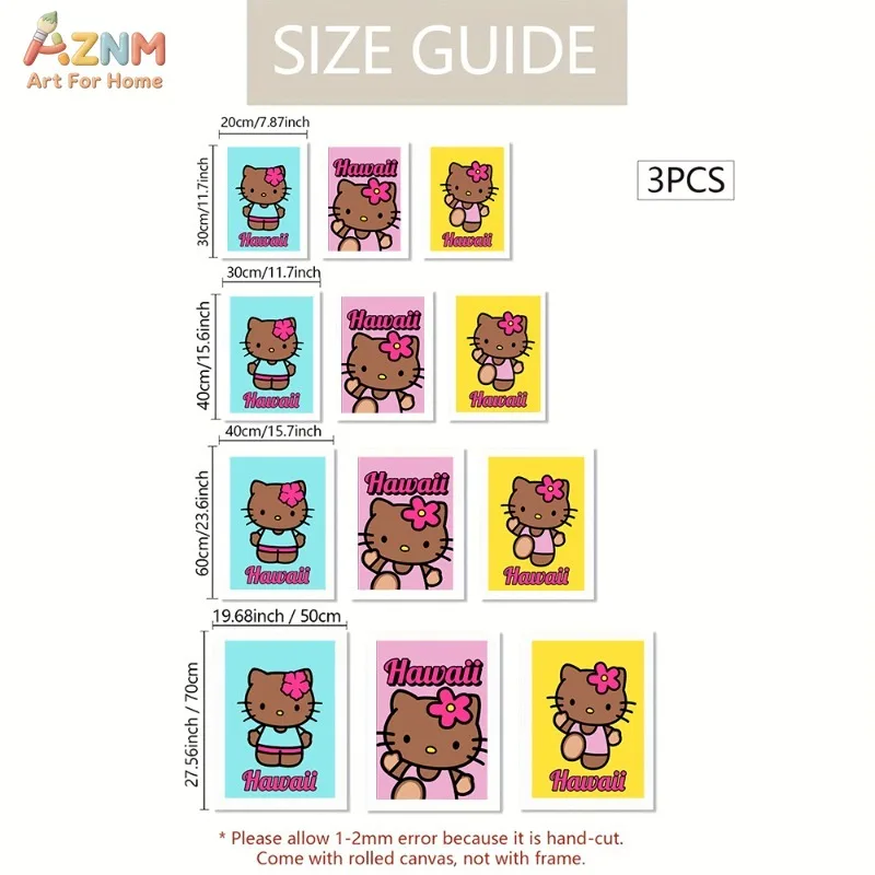 Unframed Brown Hello Kitty Canvas Wall Art Hawaii Hibiscus Flower Summer Cartoon Poster Girls Bedroom Decor Gift For Sanrio Fans