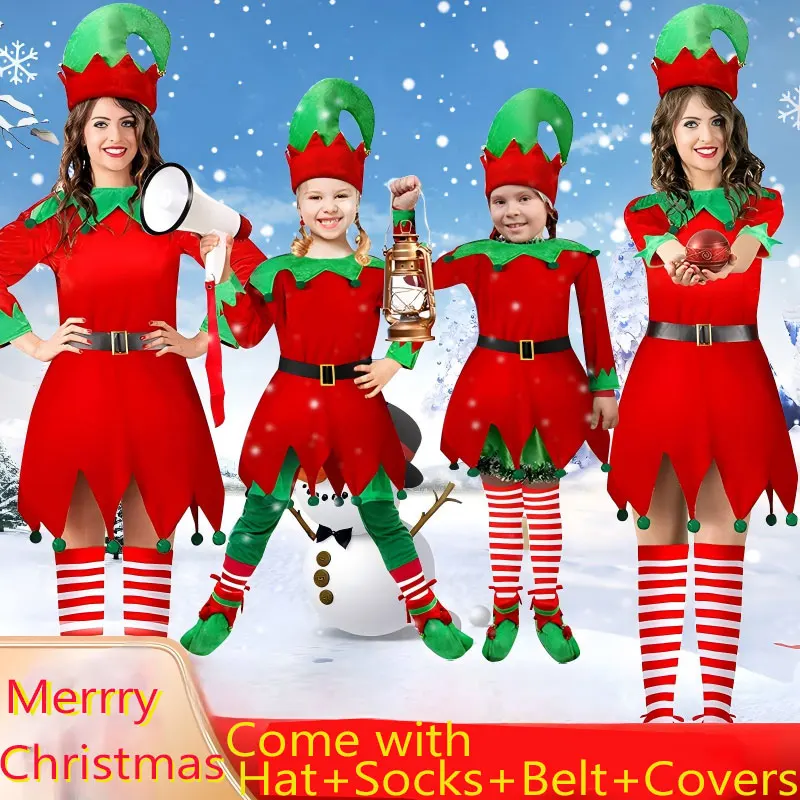 2025-2026 Christmas Costume Elf Dress up with Hat+Stockings+Belt+Shoes Covers for Girls And Boys Xmas Party Apparel 5 Pieces Set