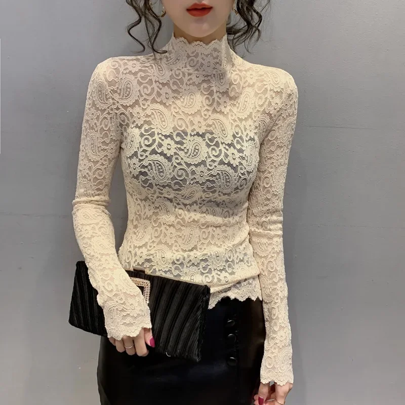 Elegant Women Lace Blouse 2024 Sexy See Through Ladies Tops Long Sleeve Clothes Summer Vintage White Shirt Streetwear Blouses