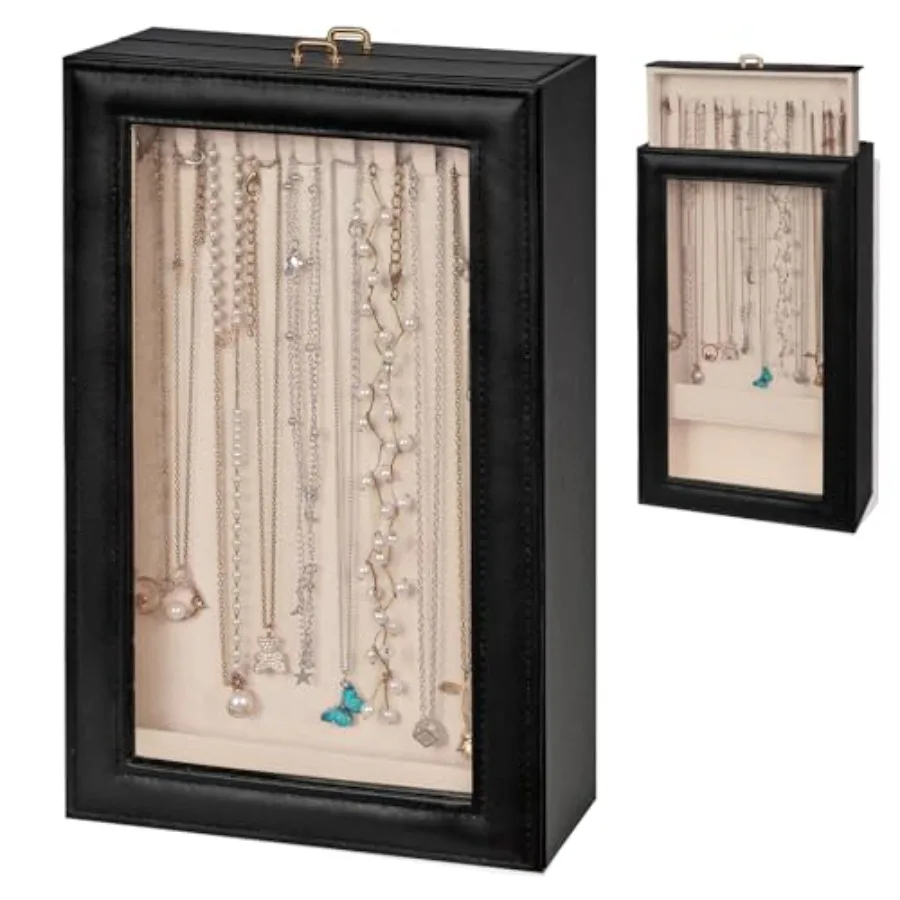 

Necklace Organizer Box - 2-Layer Double-Sided Clear Lid Jewelry Storage Case Anti-Tangle Necklaces Display Holder for Pendants