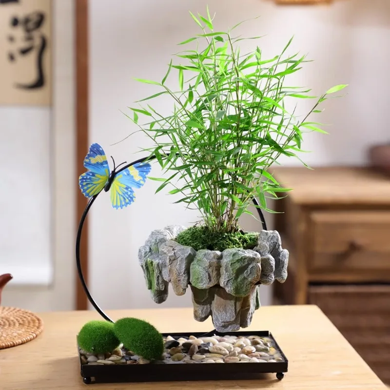 Chinese Style Green Potted Plant Living Room Flower Pot Creative Floating Bonsai Pot Small Leaf Rosewood Viewing Gardening Decor