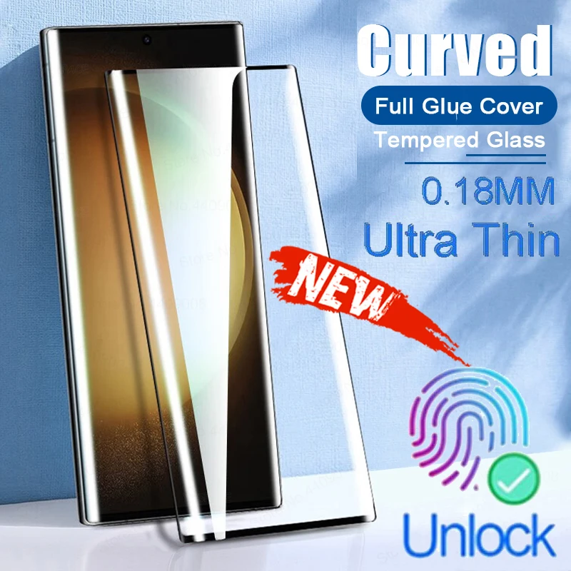 Fingerprint Unlock Full Glue 0.18mm Tempered Glass For Samsung Galaxy S24 S23 S22 S21 S20 Plus Note 20 Ultra Screen Protector