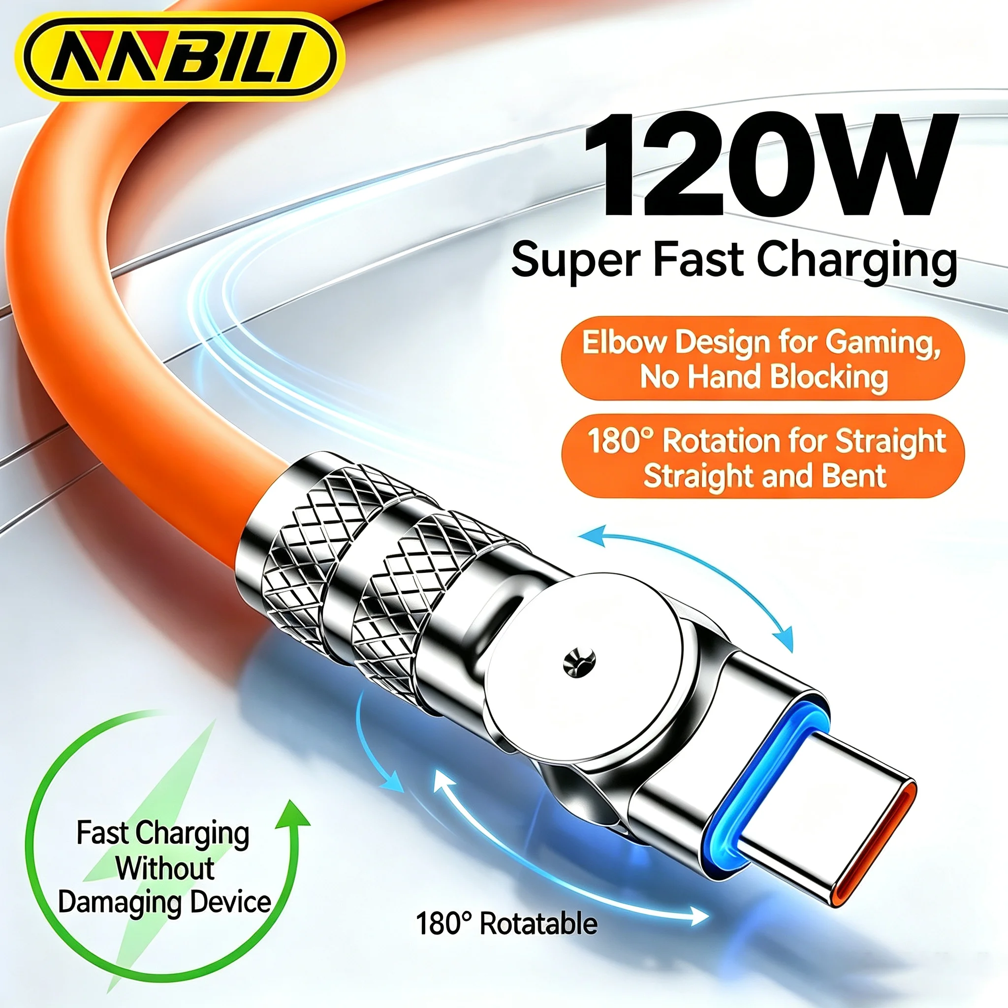 Image of NNBILI USB Typ C 120W Schnellladekabel 180 ° Rotierendes Ellbogenkabel für Spiele für Xiaomi Huawei Honor Telefon-Ladegerät USB-C-Kabel