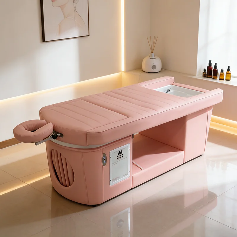 Professional Barbershop Furniture Head Therapy pink Washing Bed Modern Lay Down Foot Spa Electric Adjustable Shampoo Bed