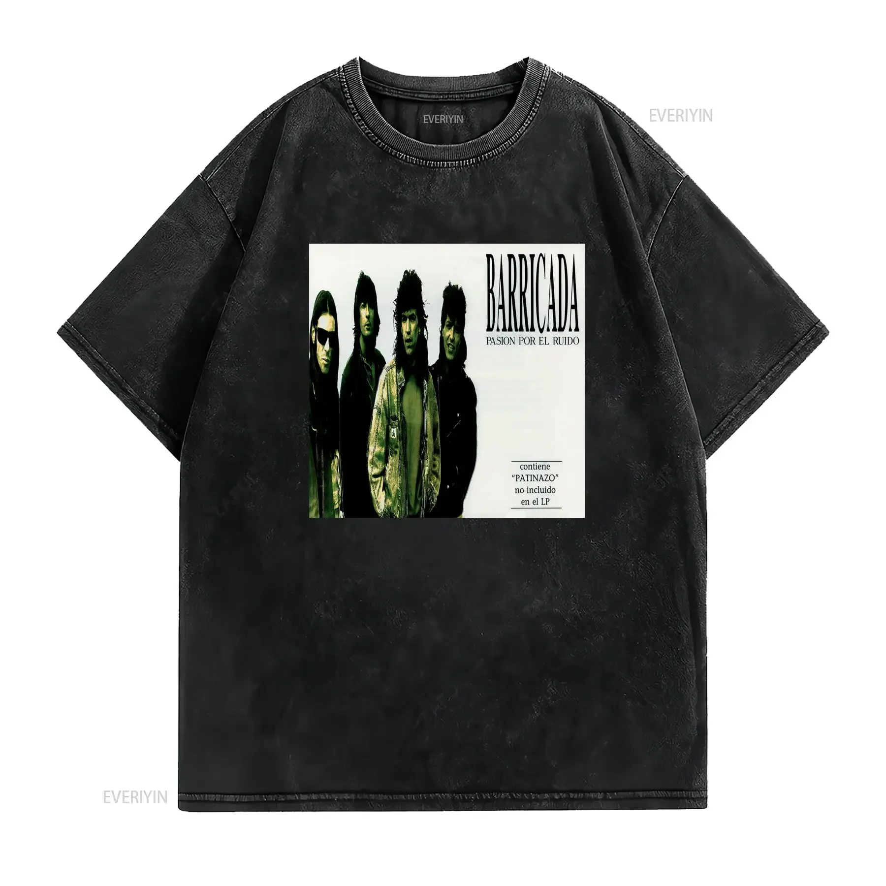 Camiseta negra casual de cuello redondo con la portada del álbum 'Passion for Noise' Barricada hecha tela ligeramente vintage