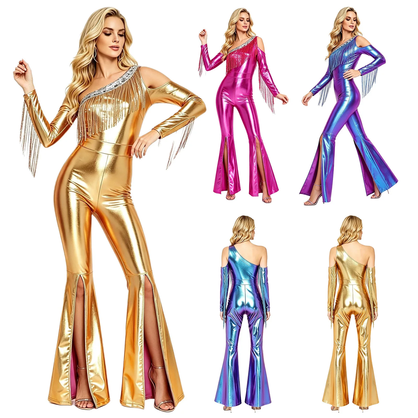 Women Metallic Shiny Disco Flare Jumpsuit Jazz Dance Sequin Tassels One Cold Shoulder Long Sleeve Bell Bottoms Bodysuit Clubwear