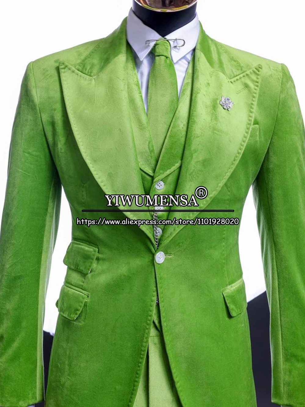 Green Velvet Suits Men Slim Fit 3 Piece(Jacket+Vest+Pants) Business Office Wear Blazer Sets Trajes De Hombre De Vestir Elegantes