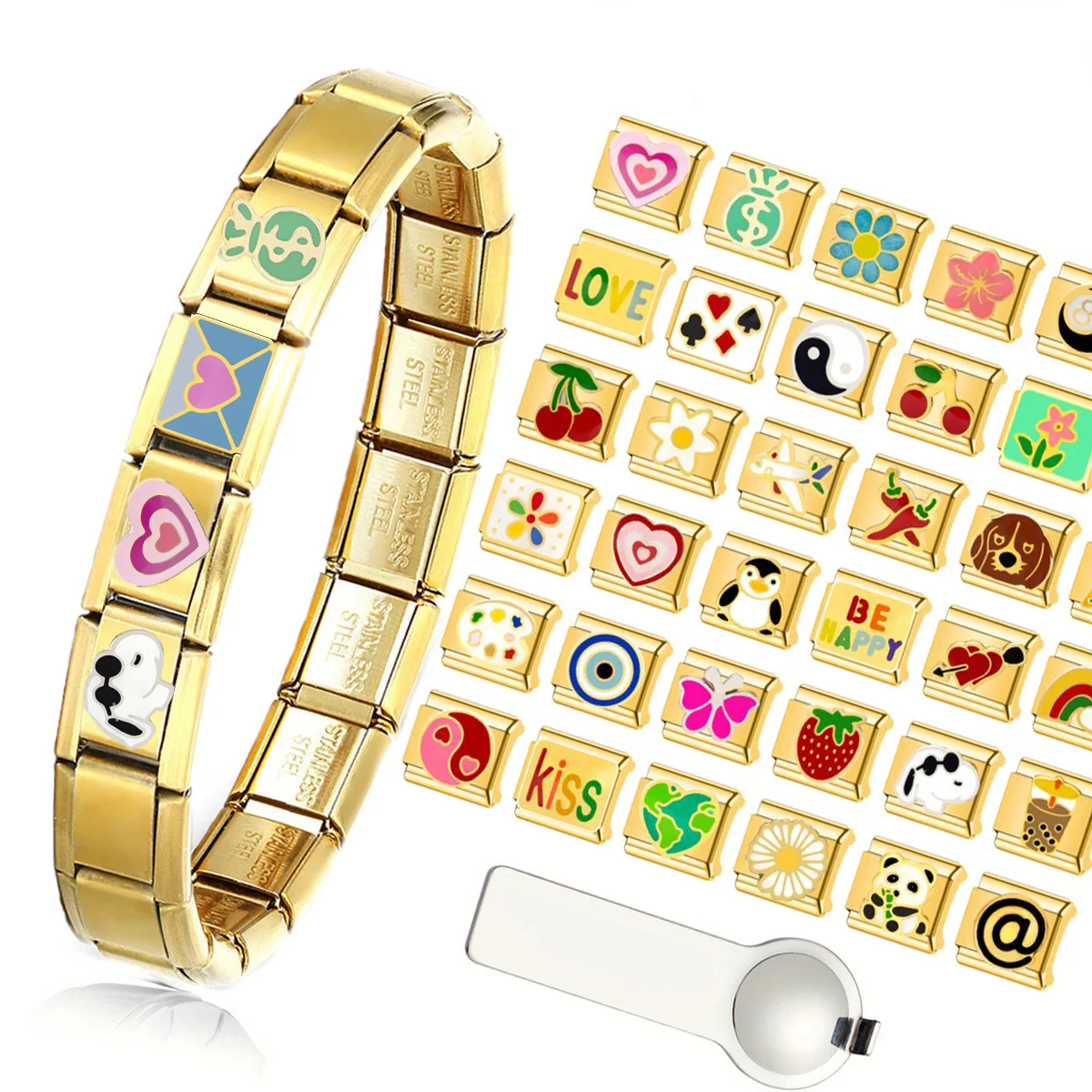 Heart Love Flower Strawberry Modular Charm Bracelet Gold-plated Stainless Steel Flower Welded Hand Chain Accessory