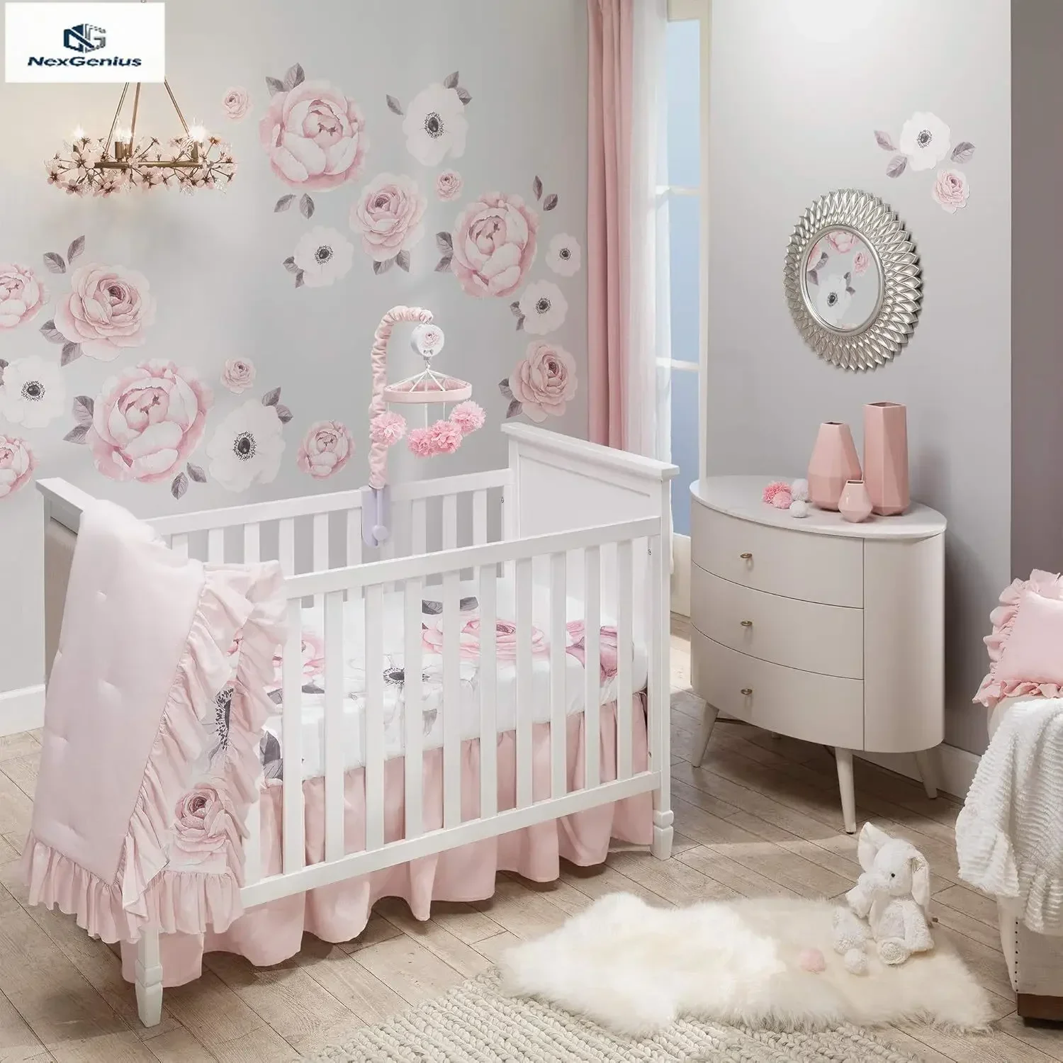 Pink Linen Watercolor Floral Garden Baby Crib Bedding Five Piece Set