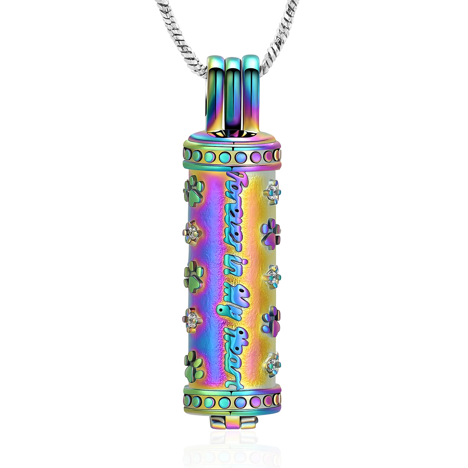 Pet Cremation Jewelry Paw Print Cylinder Urn Necklace for Dog/Cat Ashes with Mini Keepsake Jar Urn Locket Pendant for Loved One