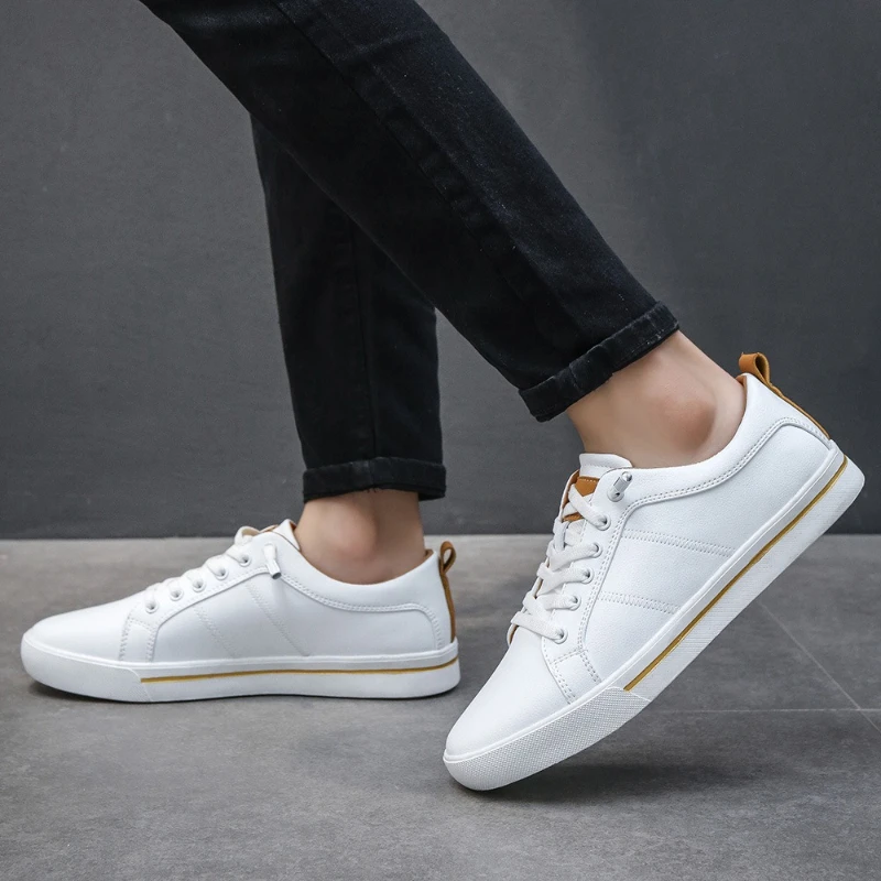 Men Leather Shoes Flat Heel Low Top Round Shallow Open Tourist Men Shoes Simple Design Large-sized Lace-up Walking Loafers Men
