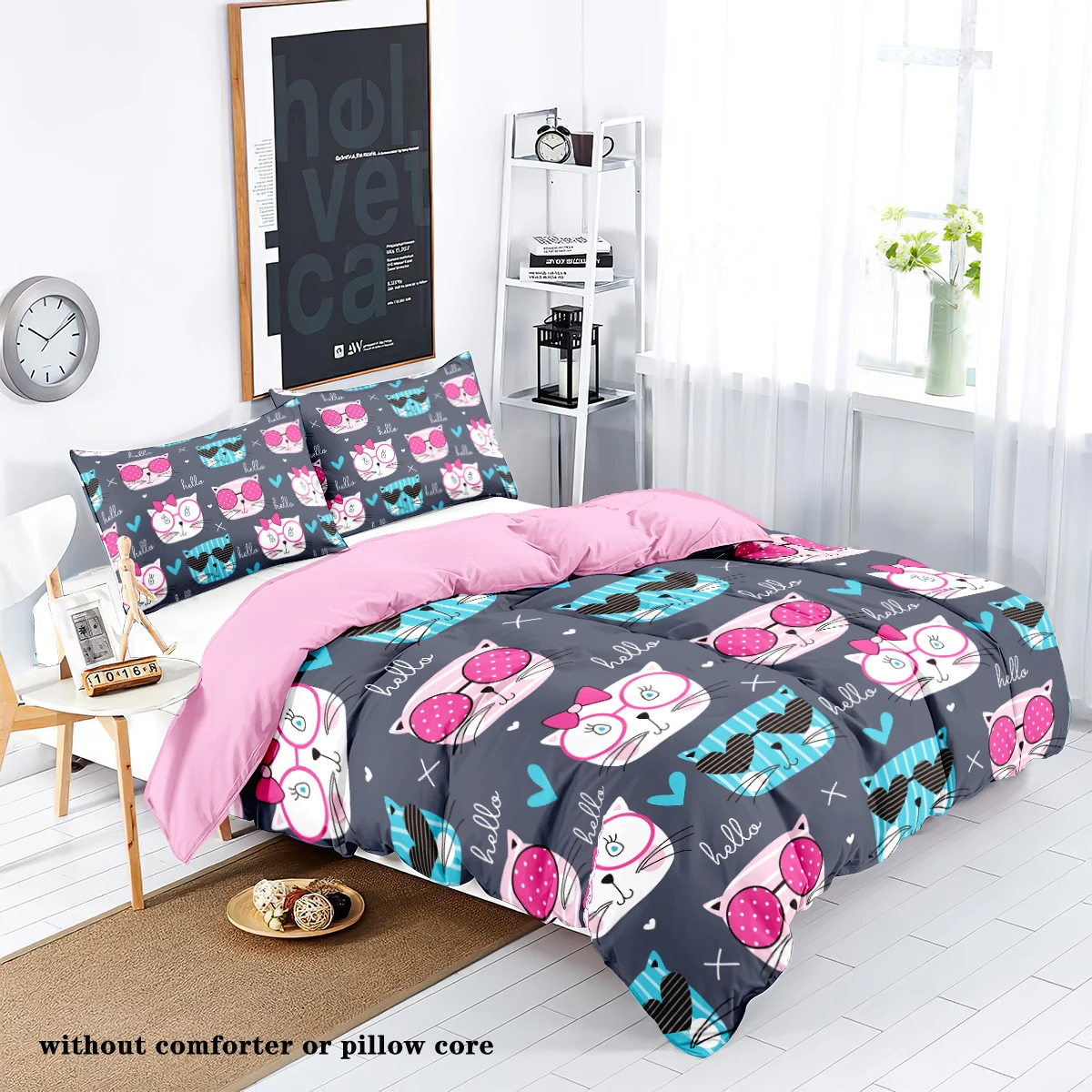 3 pieces of down set with gray cat print pattern (1 down duvet cover+2 pillowcases, no core), comfortable bedroom bedding