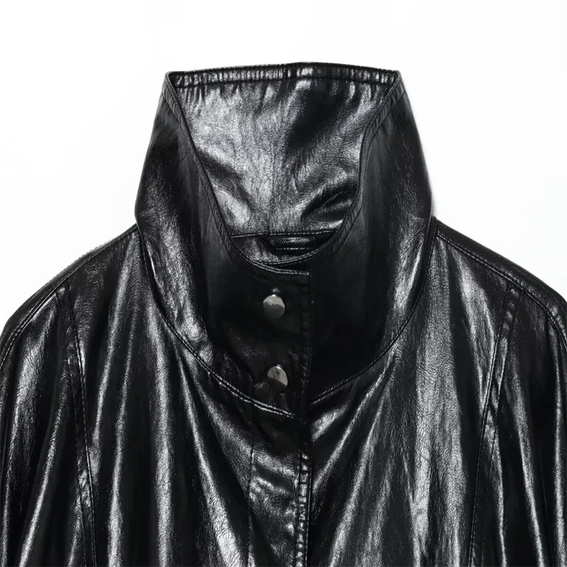 Casaco preto com gola alta com textura de couro retrô e design com zíper jaqueta de couro sintético feminina