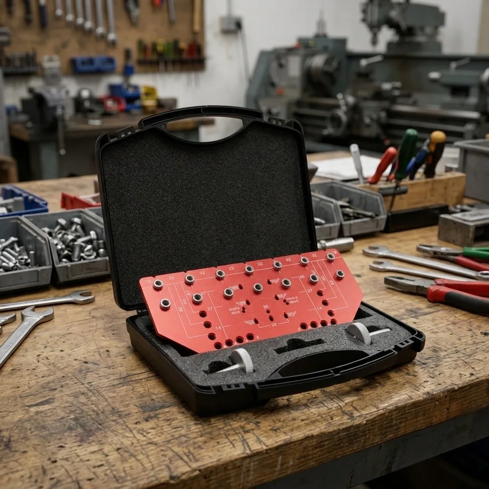 Aluminum Drill Guide for Dual Function Shelf Dowel and Cabinet Hinge Drilling with 9-Hole Layout and Clamping Integration
