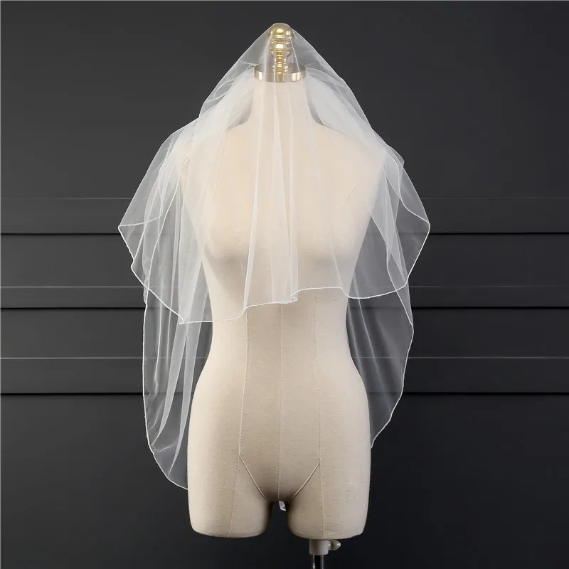 Twee Layer Sluier Met Kam Wedding Vail Effen Kleur Zachte Tule Sluier Korte Wit Ivoor Vrouw Bridal Veils 2019 Veu de Noiva Curto