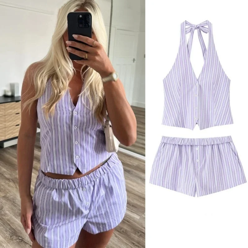 

Новый полосатый короткий комплект без рукавов на пуговицах, шикарная рубашка с лямкой на шее, с эластичной резинкой на талии, повседневный короткий офисный женский комплект из 2 предметов, женский наряд