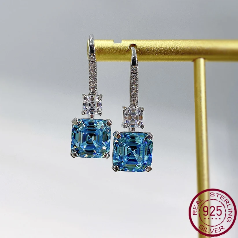 New 925 Silver Ear Hook Women's Luxury Inlaid 10 * 10 Blue Treasure Square Pagoda High Carbon Diamond Earrings