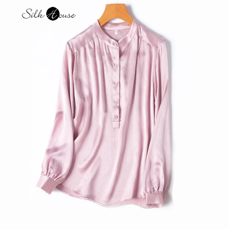 

Glossy Light Luxury Texture 19MM 100% Natural Mulberry Silk Pearl Satin Stand Collar Long Sleeve Women's Pink Commuter Shirt
