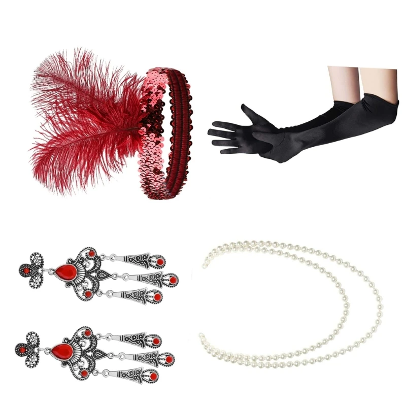 Conjunto acessórios Flapper anos 1920 Roaring 20's Costume Accessories Gatsby Headband