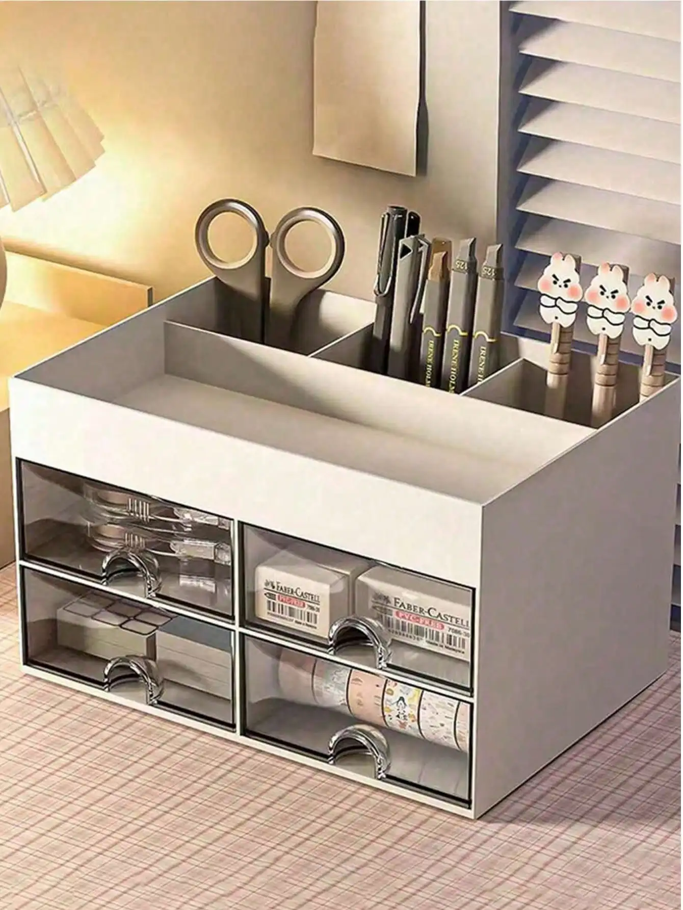 

1pc Desk Storage Box, With 4 Drawers, Desktop Pen Card Package Storage Box, Suitable For Desks, Cosmetic Storage Boxes, Office Supplies Desktop Accessories, Suitable For Offices, Families, Schools. Back To School