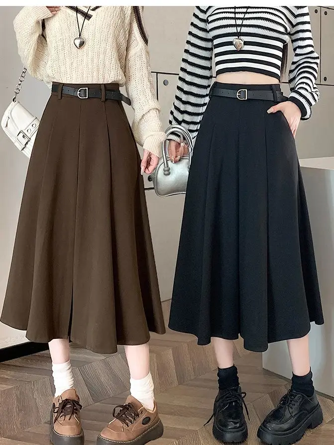 Thick Woolen Fabric Mid to Long Pocket Skirt with a Drooping Effect Umbrella Skirt with a Large Swing to Cover the Hips Skirt