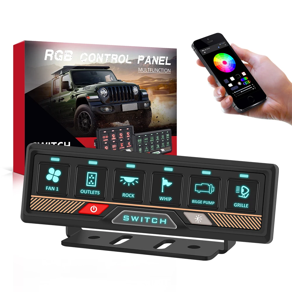 6 Gang Bluetooth Switch Panel Multifunction Circuit Control Relay Box with APP Control for Trucks Jeep Boat SUV Caravan Pickup