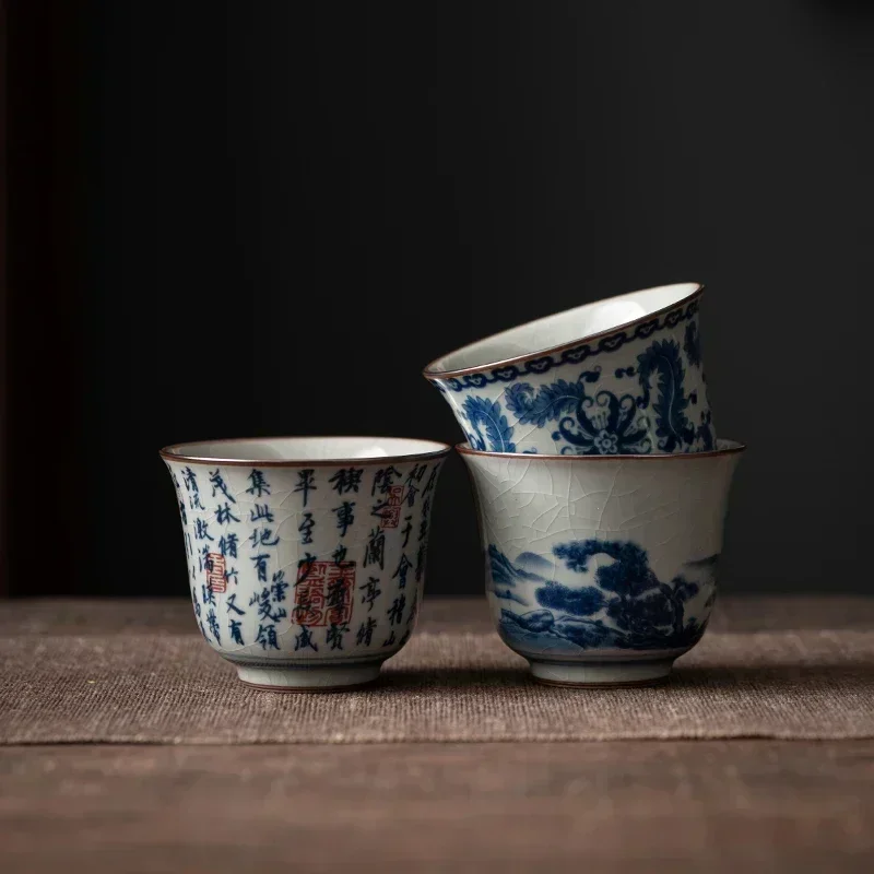 1 Pc Chinese Antique Blue and White Porcelain Teacup Travel Portable Tea Cup Ceramic Tea Bowl Master Cup Tea Set Accessories