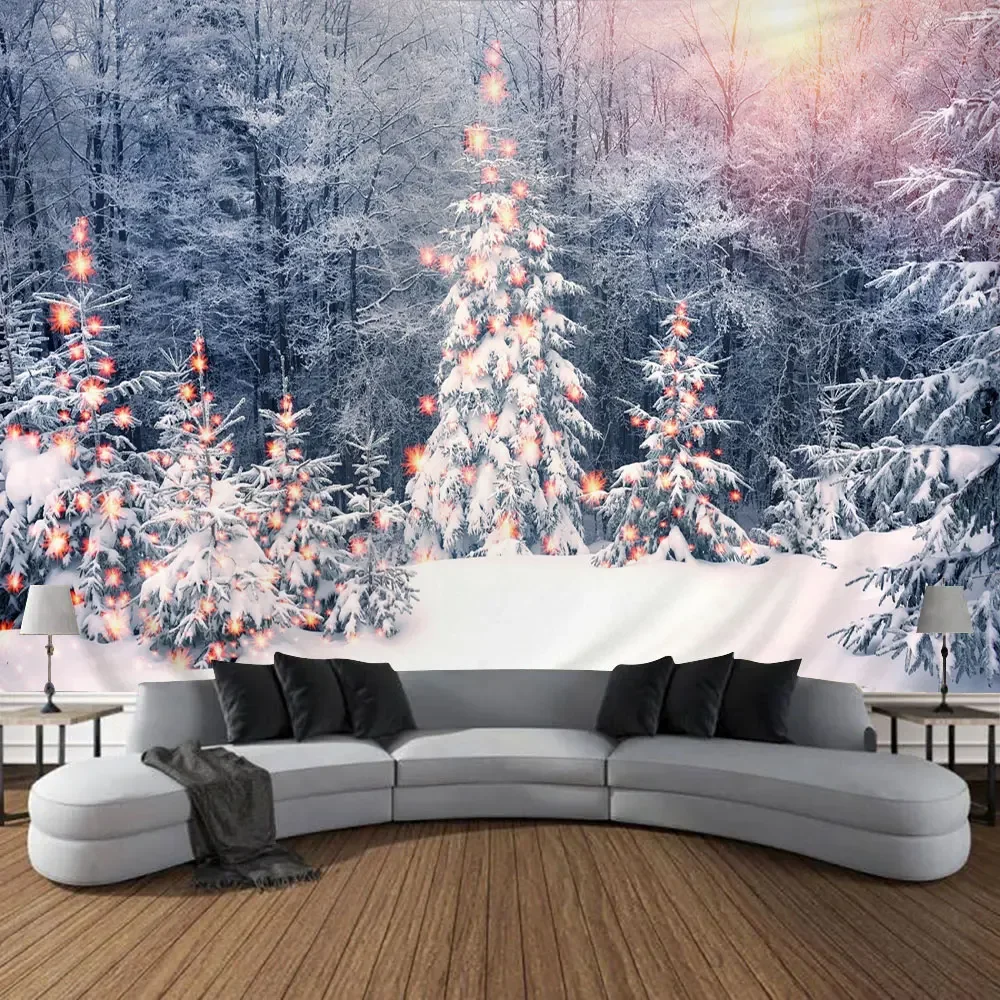 VIKAMA Weihnachts-Wandteppich, Fenster, Winter, Wald, Schnee, Szene, Wandteppich, Wohnzimmer, Schlafzimmer, Urlaub, Dekoration, Heimdekoration