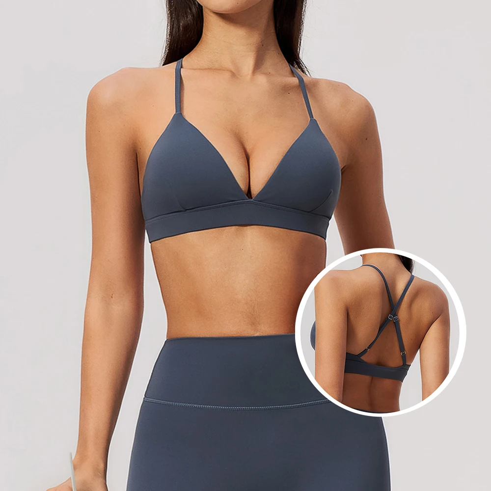 Yoga Bra Women Fitness Running Workout Tank Top Gym Vest Push Up Sports Underwear Deep V Neck Strappy Cross Back Activewear Top