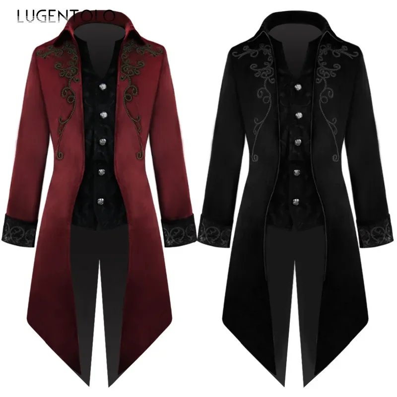 Men Embroidery Steampunk Tailcoat Coat Medieval Costume Vintage Slim Court Tuxedo Solid Single-breasted Long Jacket